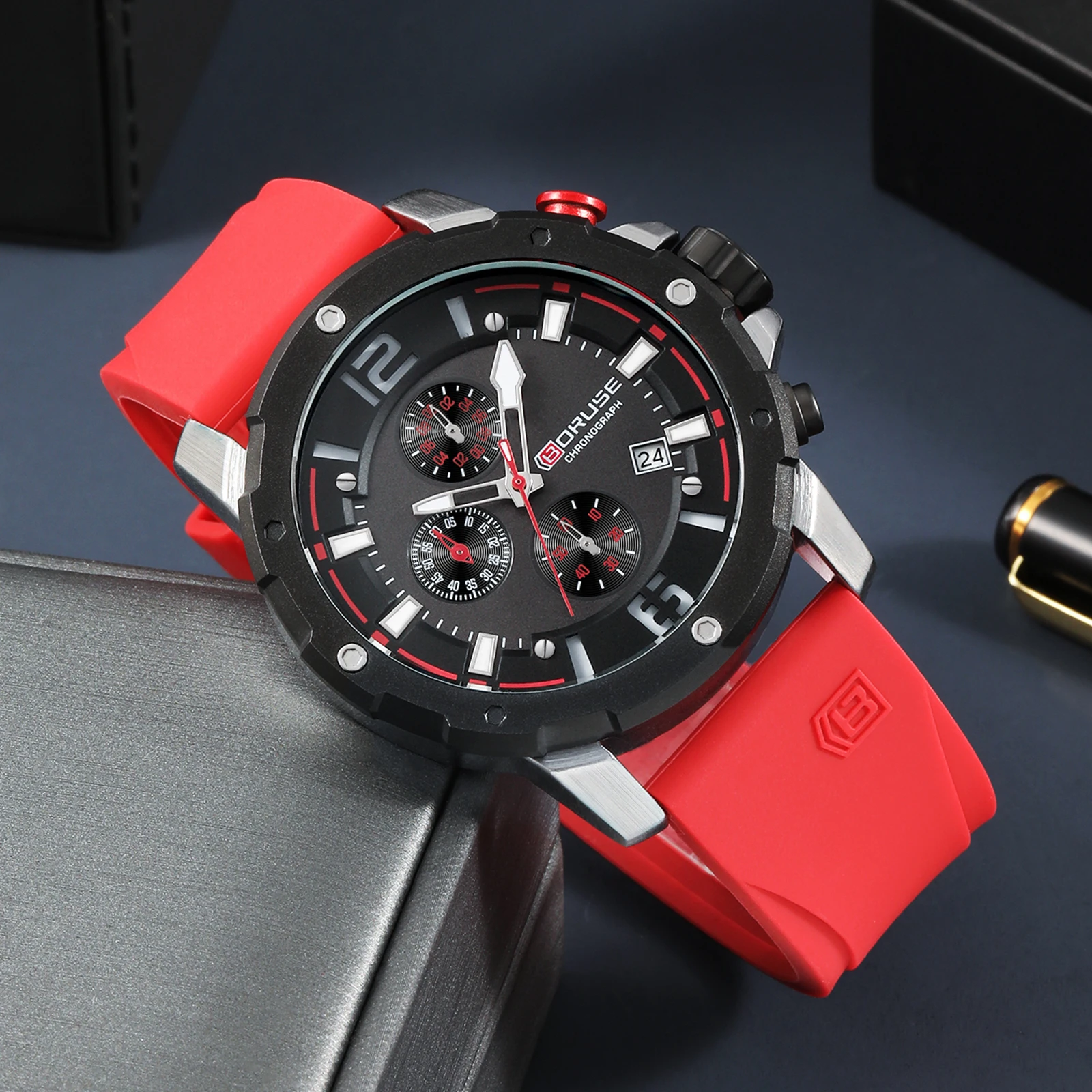 BORUSE Watches for Men Luxury Chronograph Red Silicone Quartz Wristwatch Men Waterproof Luminous Sport Watch