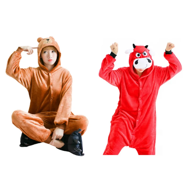 Dieren Kigurumi Kostuum Effen Kleur Capuchon Jumpsuit Pyjama Volwassen Losse Flanel Home Wear Grappige Festival Outfit Dameskleding