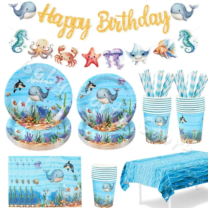 Blue Sea World Wal-Einweggeschirr-Set, Teller, Becher, Servietten mit Ozean-Thema, Geburtstags- und Feiertagsparty-Zubehör, Dekoration, Geschenk – Detail 8