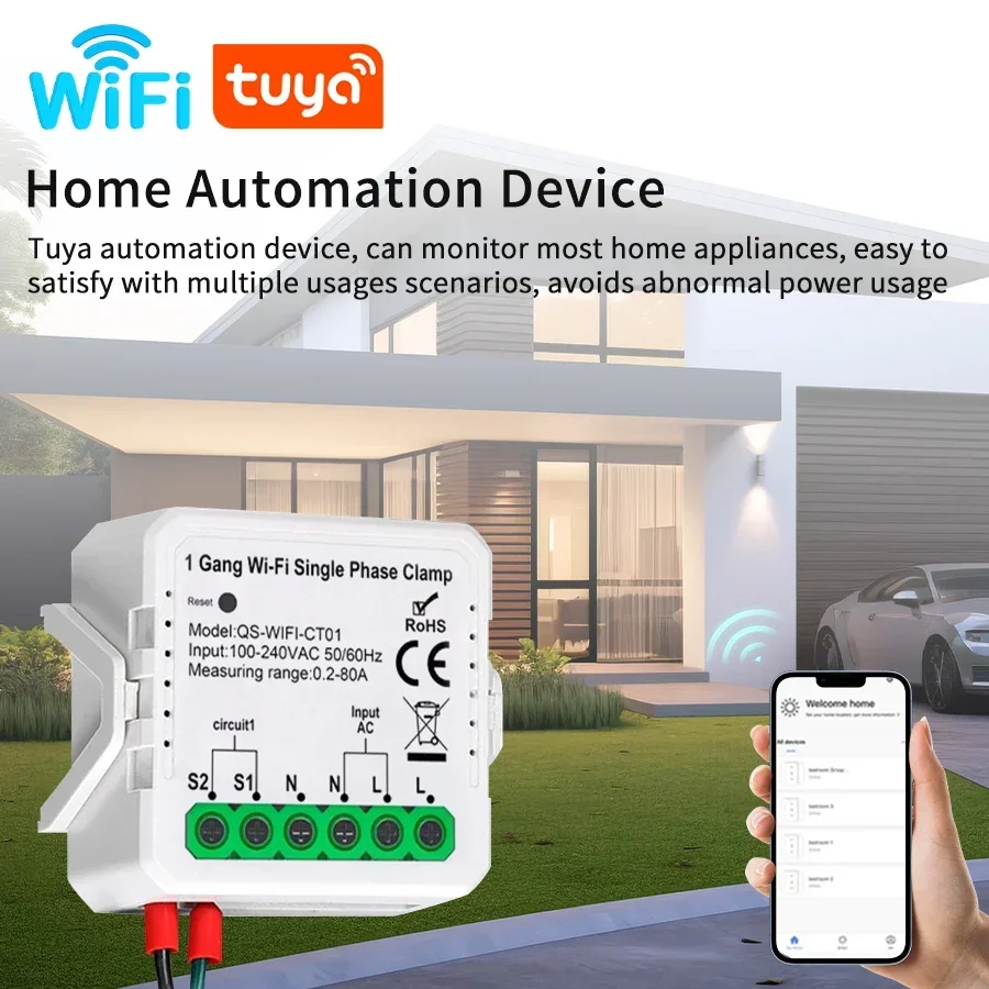 50/60Hz Tuya WiFi Smart Energy Meter AC100-240V 80A 1CH 2CH Current Transformer App Monitor Power Energy Consumption Statistics