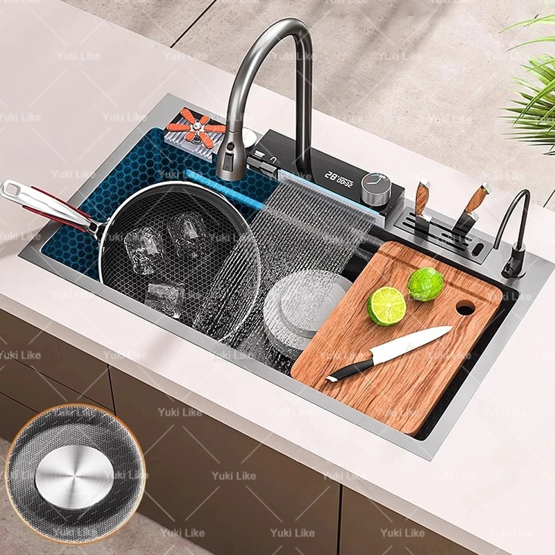 Stainless Steel Waterfall Kitchen Sink Embossed Large Single Slot Digital Display Multifunctional Dish Washbasin Left Side Drain