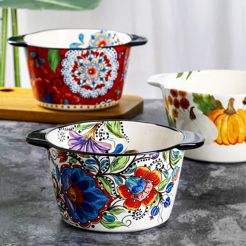 

European Ceramic Double Ear Bowl Hand Painted Soup Bowl 1.8L Underglaze Color Fruit Basin Heat Resistant Easy Storage