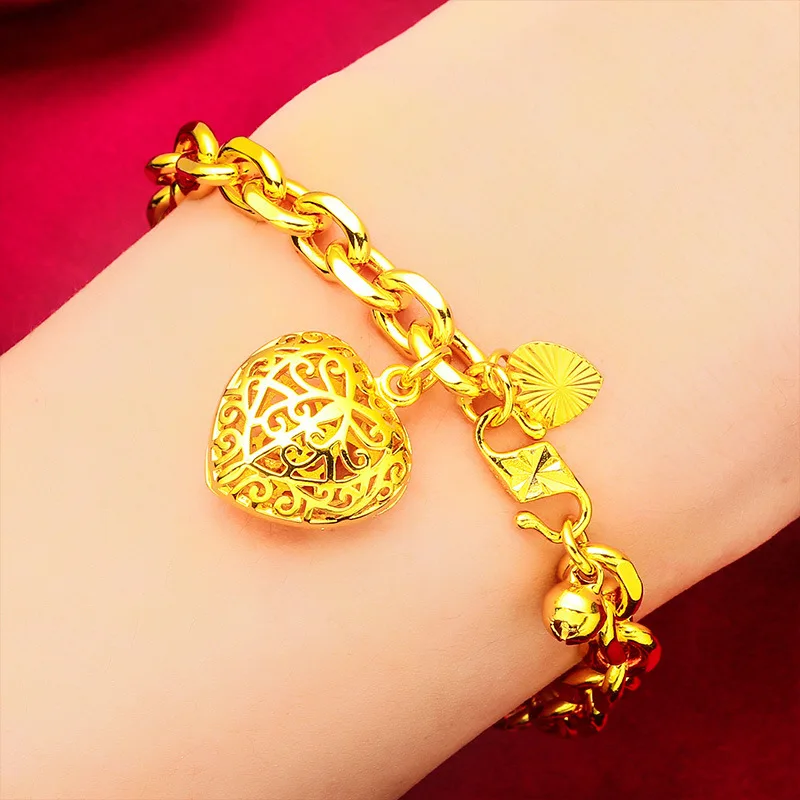 

Heart-Shaped Bracelet for Women (24K AU999) - Hollow Heart Link, Shiny Chain Links, Wedding Look, Eternal Love Symbol