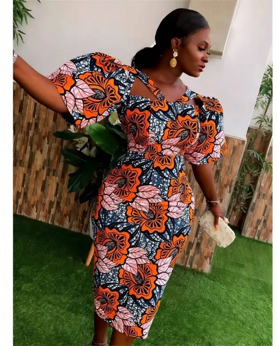 Polyester African Dresses for Women 2024 Summer African Women Half Sleeve Printing Knee-length Dress African Print Dresses