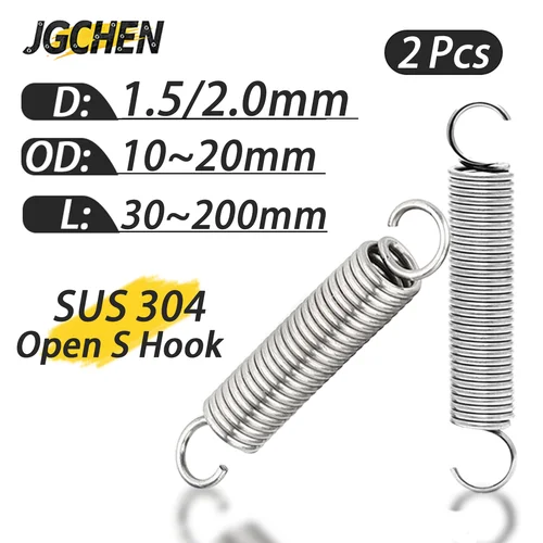 2 uds 304 gancho doble S de acero inoxidable resorte de tensión pequeño diámetro del alambre 1,5mm/2,0mm longitud 30-200mm OD 10-20mm resortes de extensión
