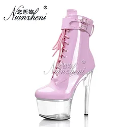 Pink Ankle Boots Round Toe 17cm Clear Platform Strip Pole Dance 7Inch Gothic Exotic Dance Crossdress Catwalk Nightclub Models