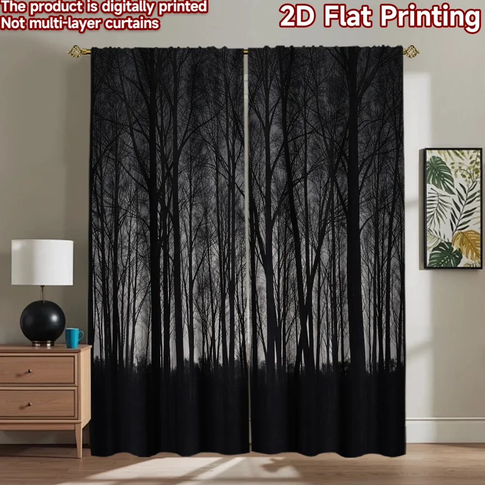 2D-Flachdruck, 2 Stück Vorhänge, Vorhänge mit dunklen Waldsilhouetten, digital bedruckte Polyester-Vorhänge, Geburtstagsparty, Verwendung für den Innenbereich