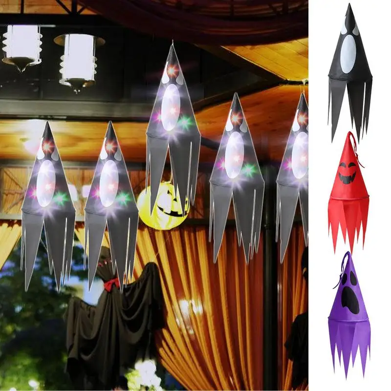 Halloween wind pipe flag ghost wind direction flag with tassels and colored lights reusable home holiday party decoration