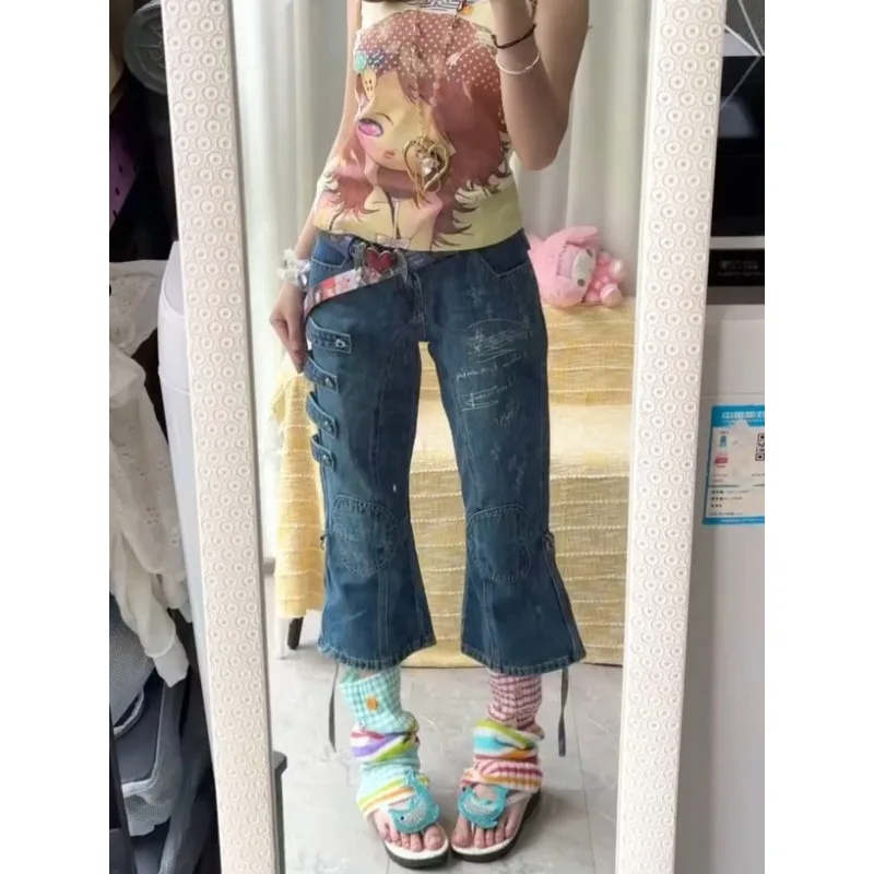 American Retro Plus Size Washed Slim Denim Capris Women Graffiti Side Buckle Jeans Y2k Streetwear Daily Summer Casual Outfits - view 2