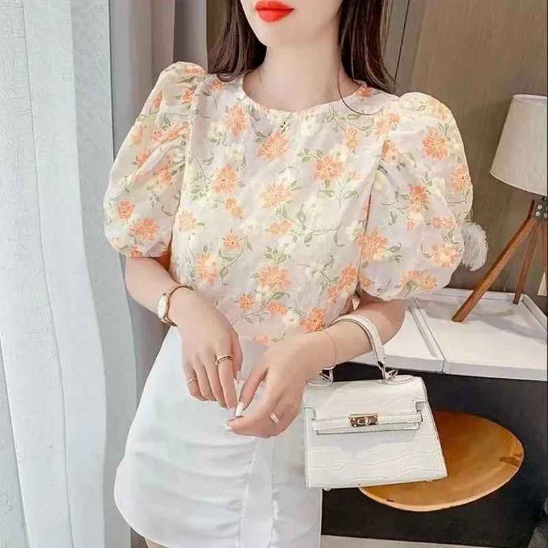Vintage Puff Sleeve Tops Mujer 2024 Fashion Floral Printed Chiffon Blouses Casual Korean Sweet Summer Blusas Femininas XXXL