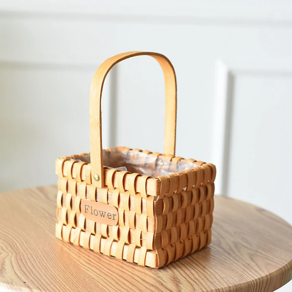 Wooden Chip Rattan Flower Storage Basket with Handles Hand-woven Picnic Fruits Vegetable Bread Serving Storage Baskets Container