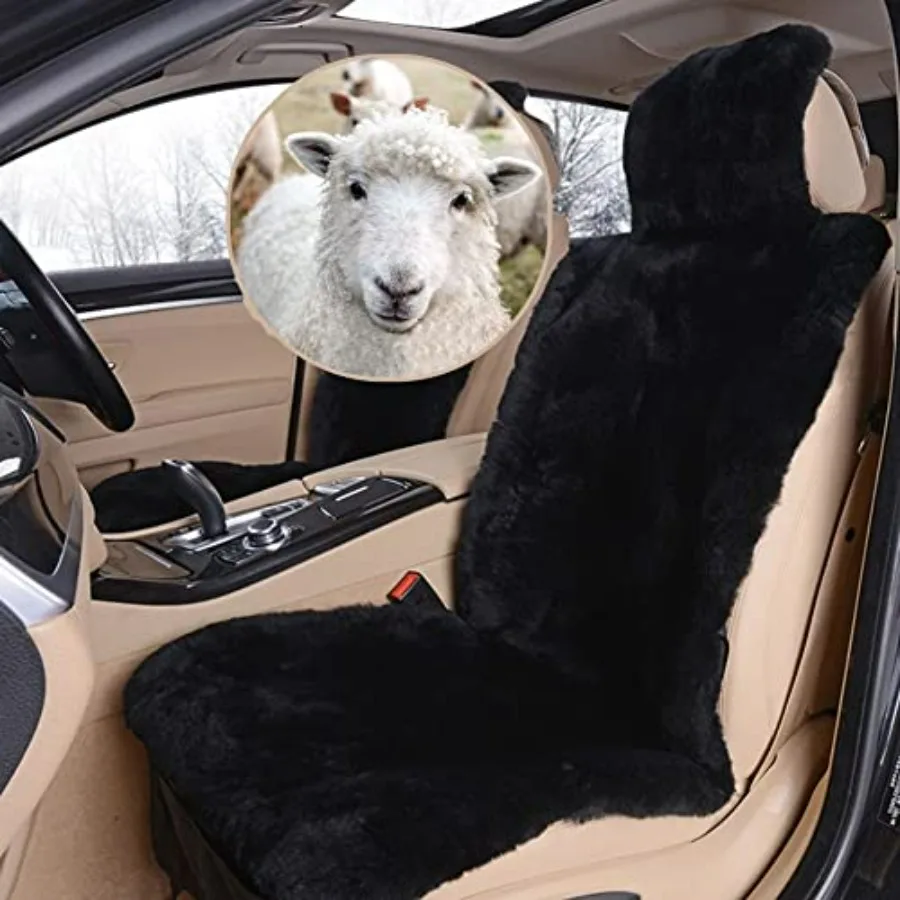 

Front Car Seat Covers for SUV Trucks Van RV Real Genuine Sheepskin Fuzzy Fleece Fur Black Universal 1 Piece