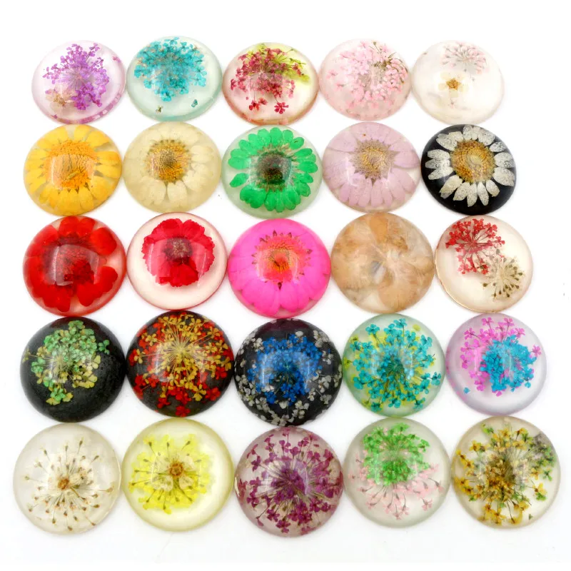 New Fashion 5pcs 25mm Mixed Natural Dried Flowers Flat Back Resin Cabochons Cameo