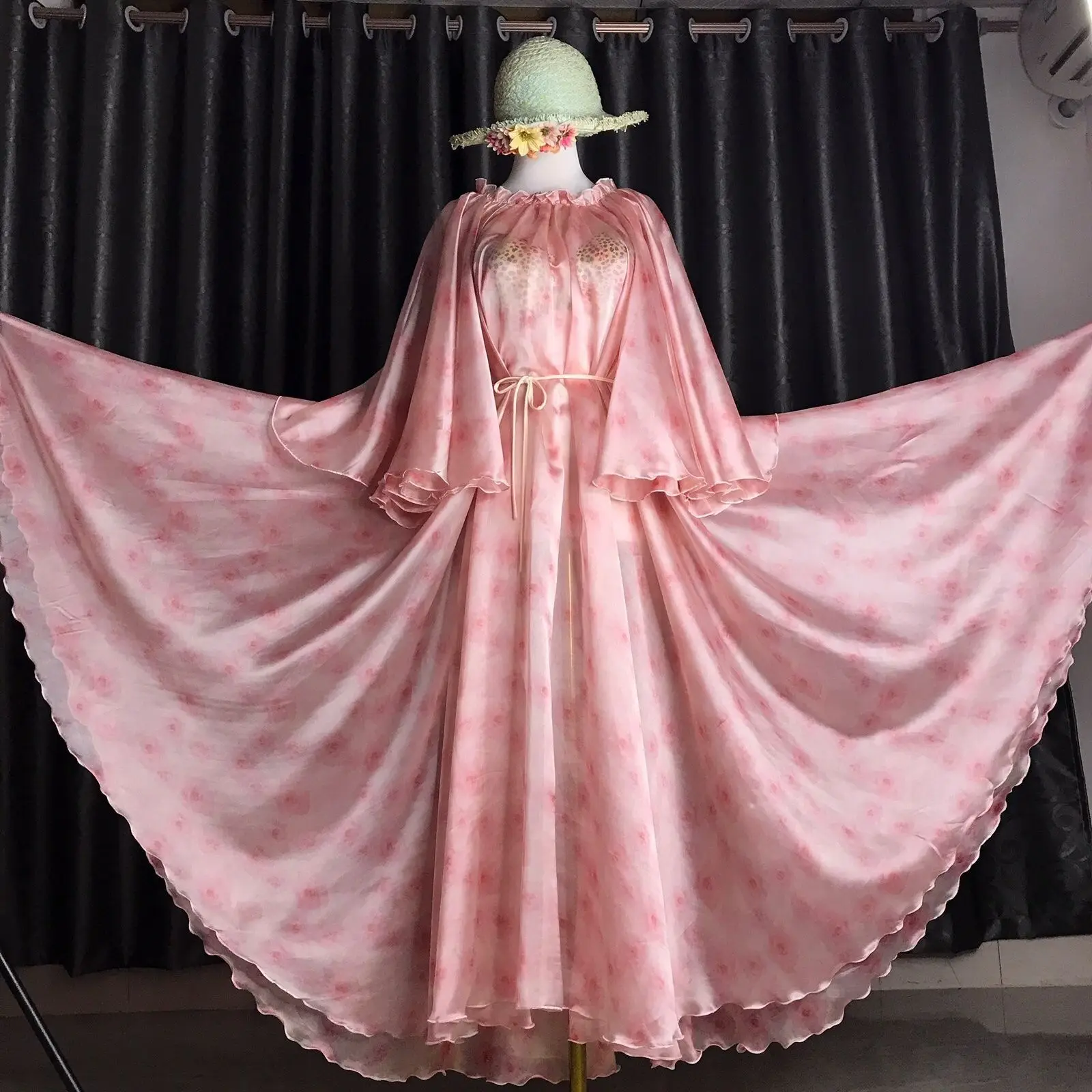 

Glossy Women Ruffles Satin Long Sleeve Dress Loose Maxi Dress Plus Size Sleeping Pajamas Robe