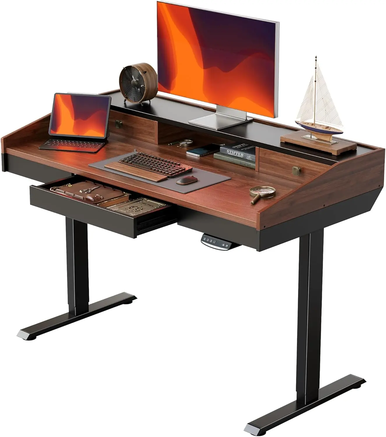 Altura ajustável em pé Mesa com gavetas, Elétrica Stand Up Desk, Monitor Prateleira, 48x24 "Peça inteira