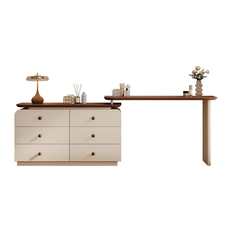 Vintage Cream-Colored Solid Wood Dressing Table Walnut-Colored Chest Drawers Bedroom Storage Vanity Makeup Table