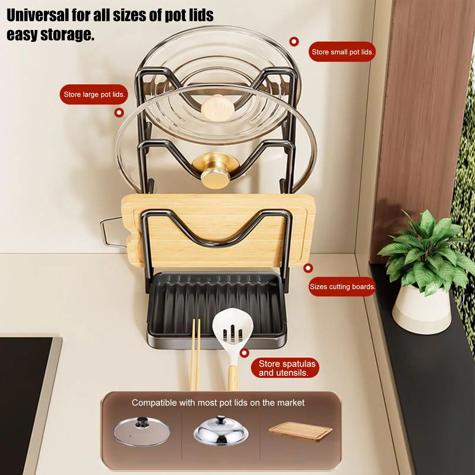 

Органайзер с крышкой для кастрюли, нержавеющая стойка из углеродистой стали, крышка для хранения кастрюль и сковородок для разделочной доски, тарелки, ложки, вилки, лопаточки