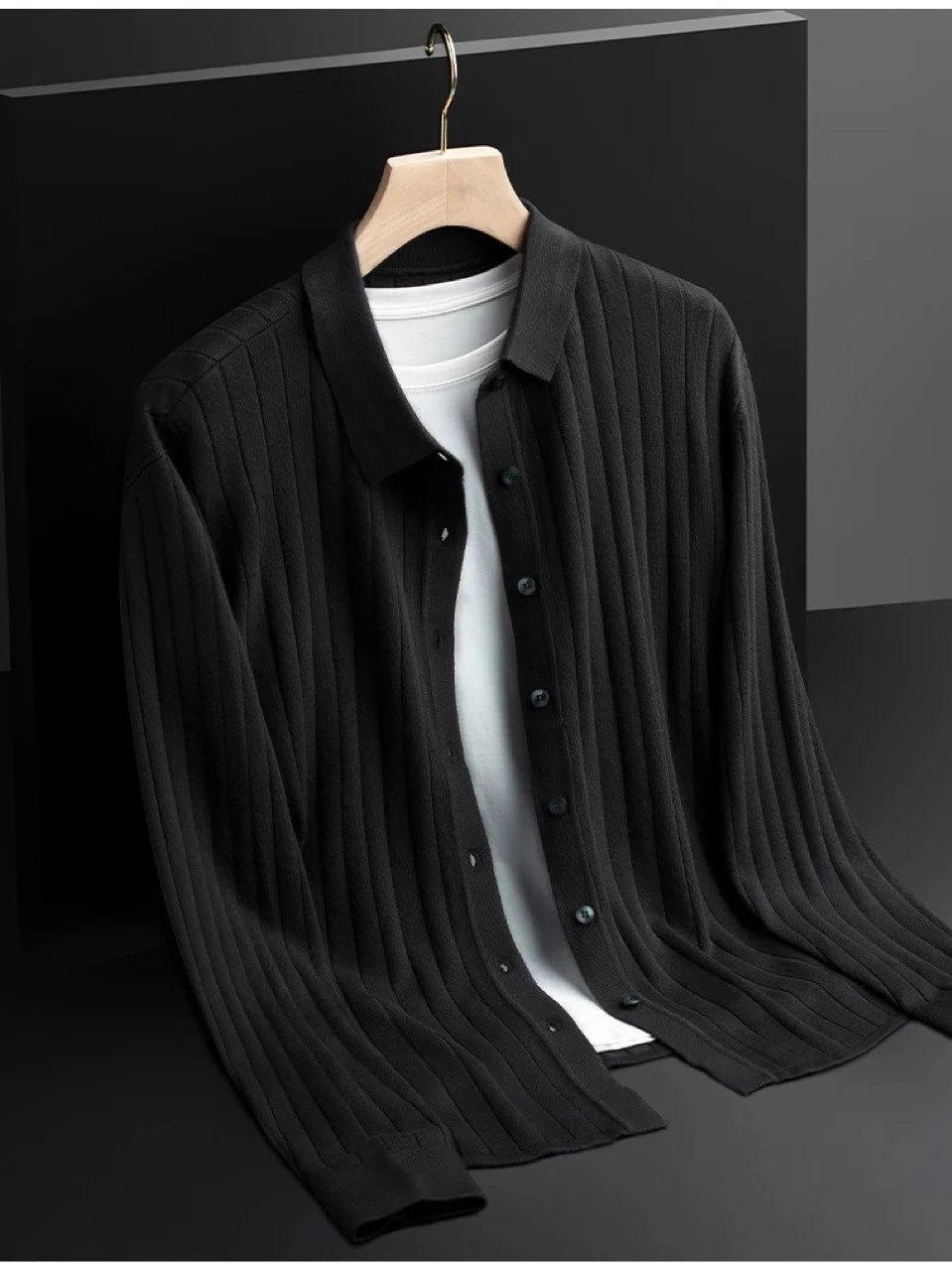 

Harajuku Sle Men's Knitted Collar Sweater Cardigan Slim Fit Vertical Stripe New Autumn Winter Warm Color Coat