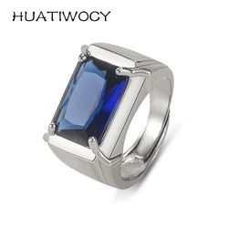 Luxury Men Ring Silver 925 Jewelry with Sapphire Emerald Gemstone Rectangle Shape Open Finger Rings for Wedding Party Gifts