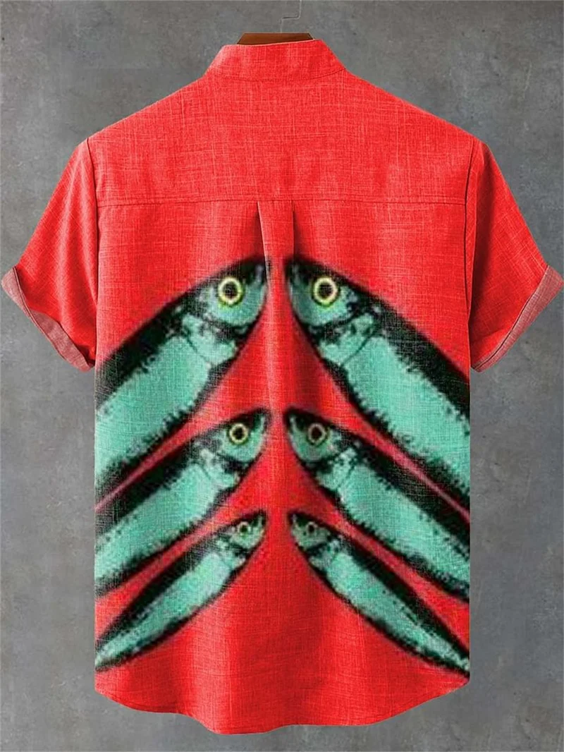 Men's Short Sleeve Summer Shirt Fishing Fans Fashion Clothing Fish Print Comfortable Linen Fabric Top New Collection