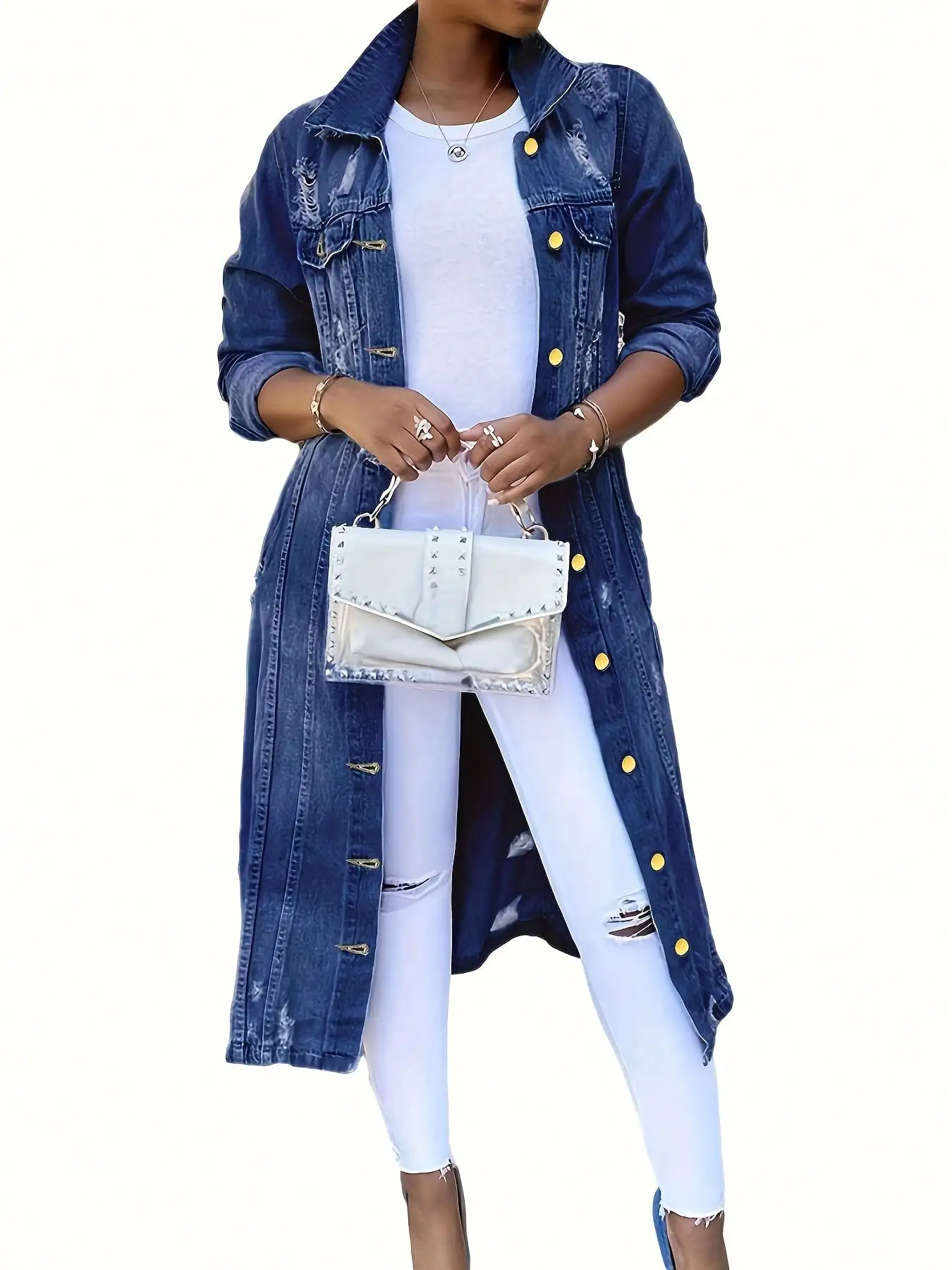 

Women's Long Denim Jacket with Distressed Holes and Faded Wash, Casual Street Style for Everyday Wear