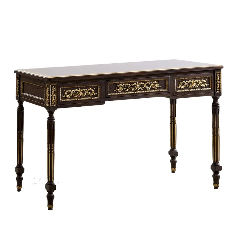 Light luxury mid-century carved palace desk, vintage carved Roman column desk, desk, drawer office desk