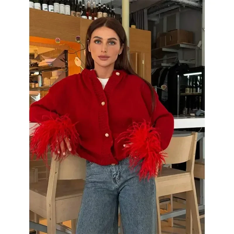 2024 Autumn Lady Warm Knitwear Fashion Feather Patchwork Long Sleeve Solid Sweater Women Elegant O Neck Single Breasted Cardigan