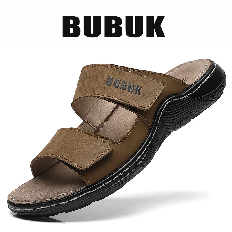 Bubuk Men's Genuine Leather Slip-On Slippers, Made with Top-Grain Cowhide Upper, Outdoor Beach Sandals, Lightweight and Comfortable, Suitable for Outdoor Activities, Work, and Travel