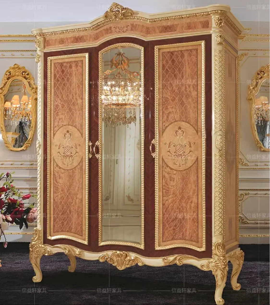 European solid wood carved painted wardrobe French double door wardrobe bedroom locker furniture customization