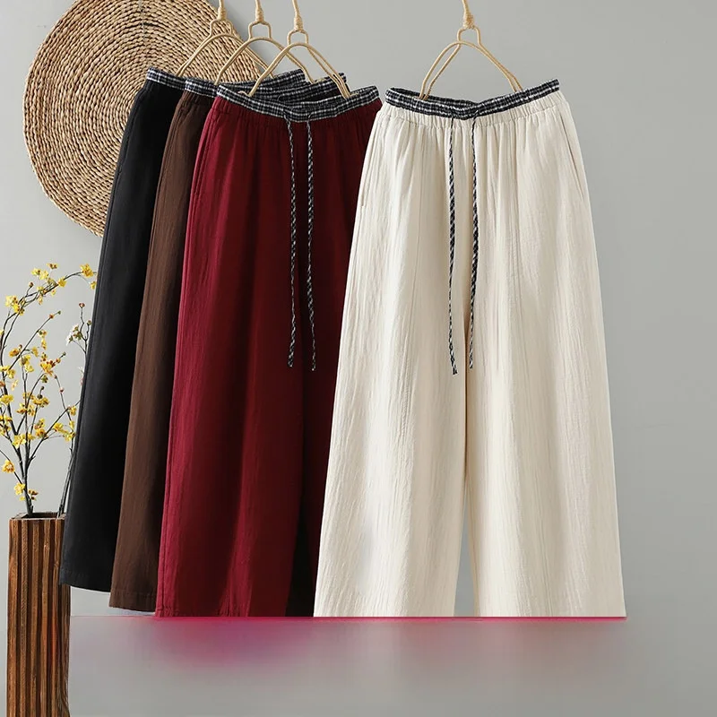 Retro Contrast Color Double Gauze Diagonal Wide Leg Pants Women's Autumn Elastic Waist Belted Slimming Casual Cotton Linen St...