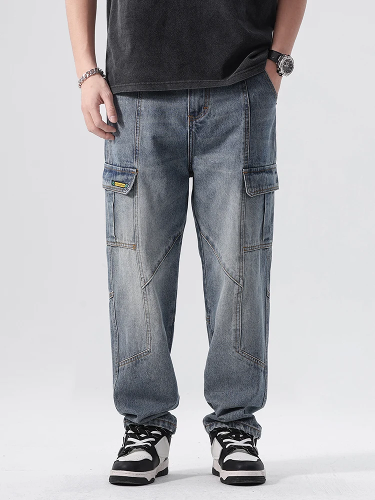 

Мужские джинсы в стиле ретро-американской рабочей одежды: модные прямые свободные брюки больших размеров с множеством карманов, повседневные, в стиле пэчворк, длинные, в стиле Харлан