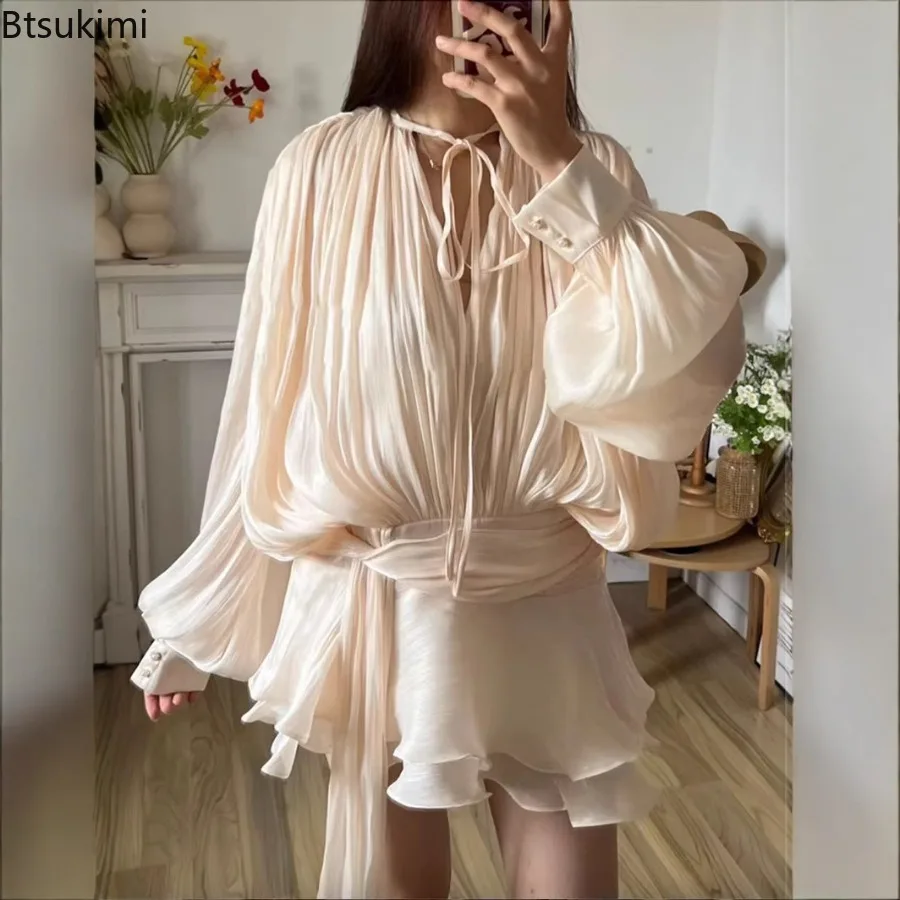 

Women's Ruffle V Neck Mini Dress Puff Long Sleeve Spliced Lace Up Sweet Dress with Shorts Summer Fashion Pleated Short Dress