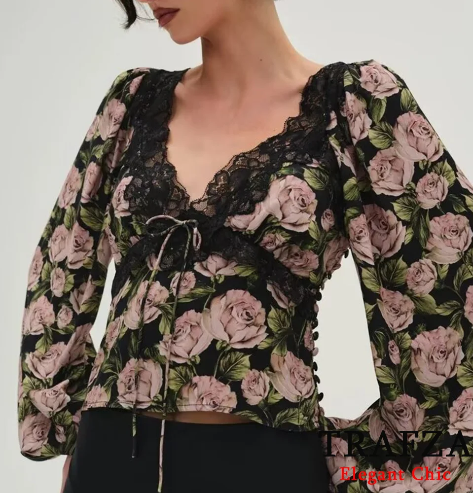 TRAFZA Women Retro Lace Rose Print Top Long-Sleeved Bow Top New 2025 Spring/Summer Hot-Sexy Vacation Garden Party Elegant Top