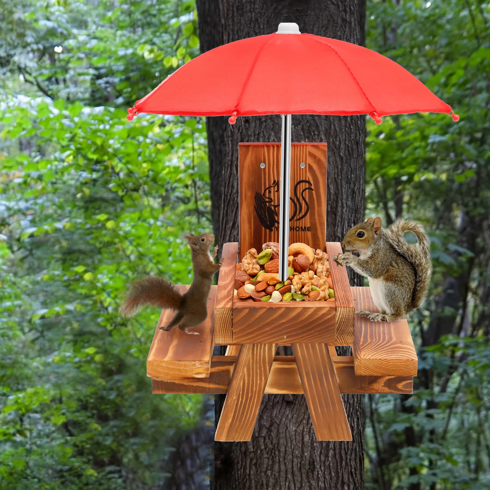 Hölzerner Eichhörnchen-Futterspender mit hohem Regenschirm. Attraktiver Eichhörnchen-Vogel-Papageien-Picknicktisch für Outdoor-Chipmunk-Kolibri-Futterspender