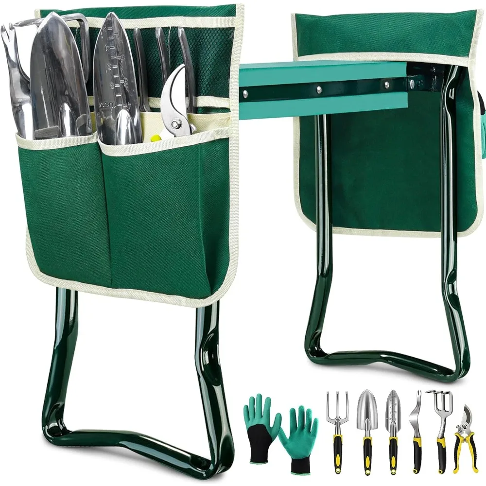 

Garden Kneeler and Seat - Foldable Garden Bench Stool with Soft Kneeling Pad, 6 Garden Tools, Tool Pouches and Gardening Glove