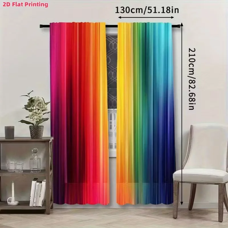 2pcs Vibrant Rainbow Gradient Striped Pattern Curtains, Designed for Light Blocking, Premium Material, Suitable for Kids' Room,