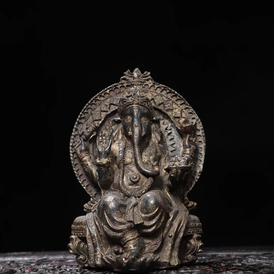 Old copper Qing Dyansty copper Golden Elephant Nose God of Wealth Buddha Statue, Free shipping