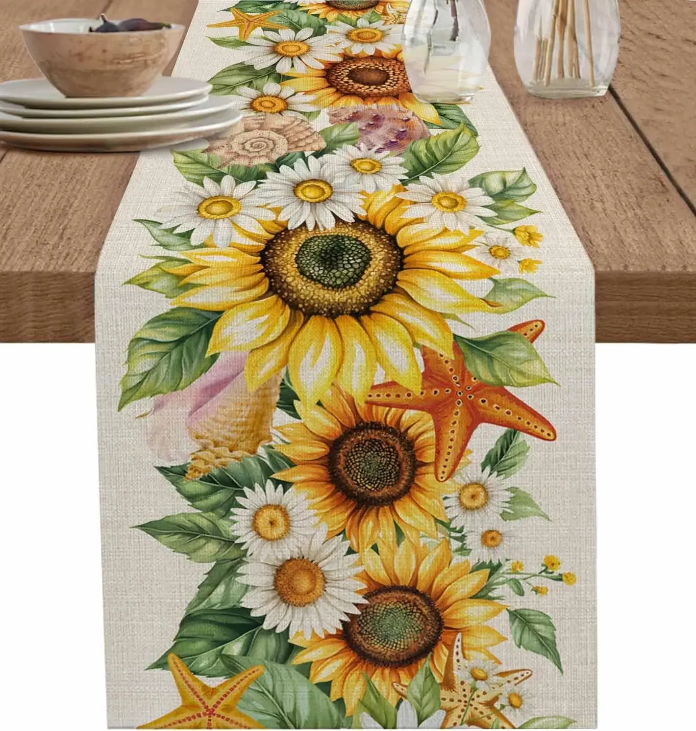 

Watercolor Sunflowers Daisy Linen Table Runner Wedding Party Decor Rustic Starfish Conch Floral Table Runners Dining Table Decor