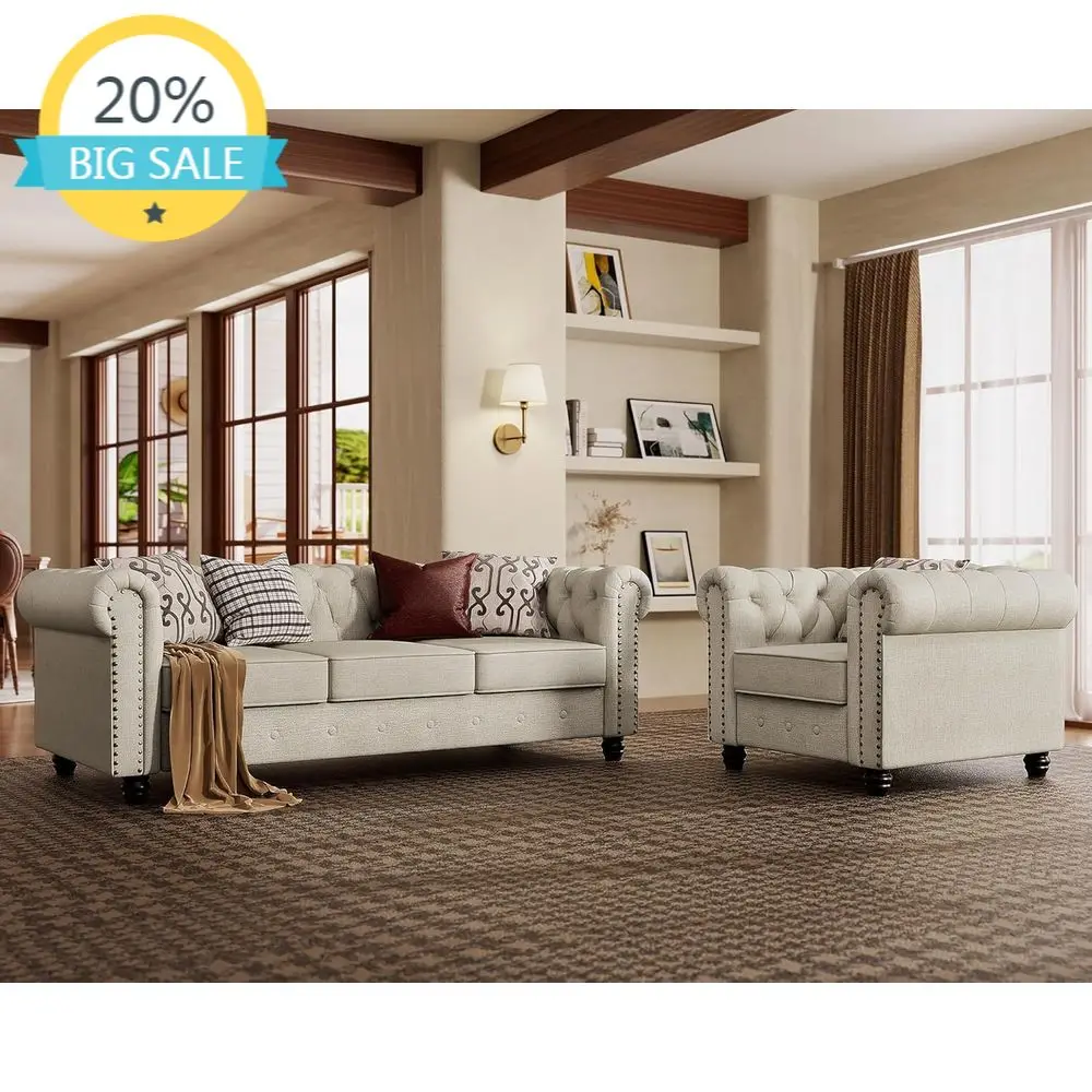 

Chenille Beige Sofa Set, 82 Wide, 34.5 Deep, 30 High, Chesterfield Style, Easy Assembly, Pet-Friendly, Supports Up to 1430 lbs