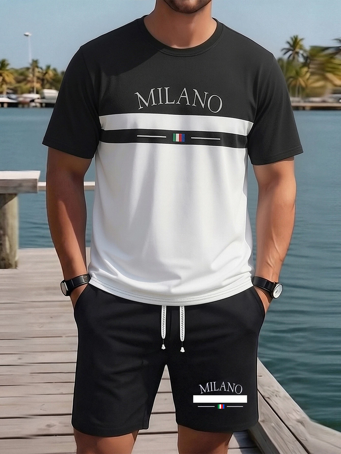 

Mens Black Brown Two Tone Short Sleeve T Shirt with Black Drawstring Shorts Casual Sports Outfit