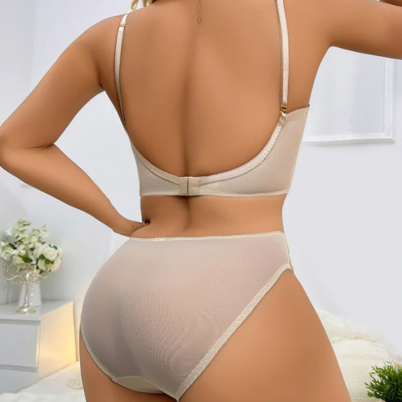 New Mesh Low Lingerie Cut U-shaped Sexy Erotic Gathering Invisible Back Bra Underwear Women's Set Lace Push Up Female Breathable