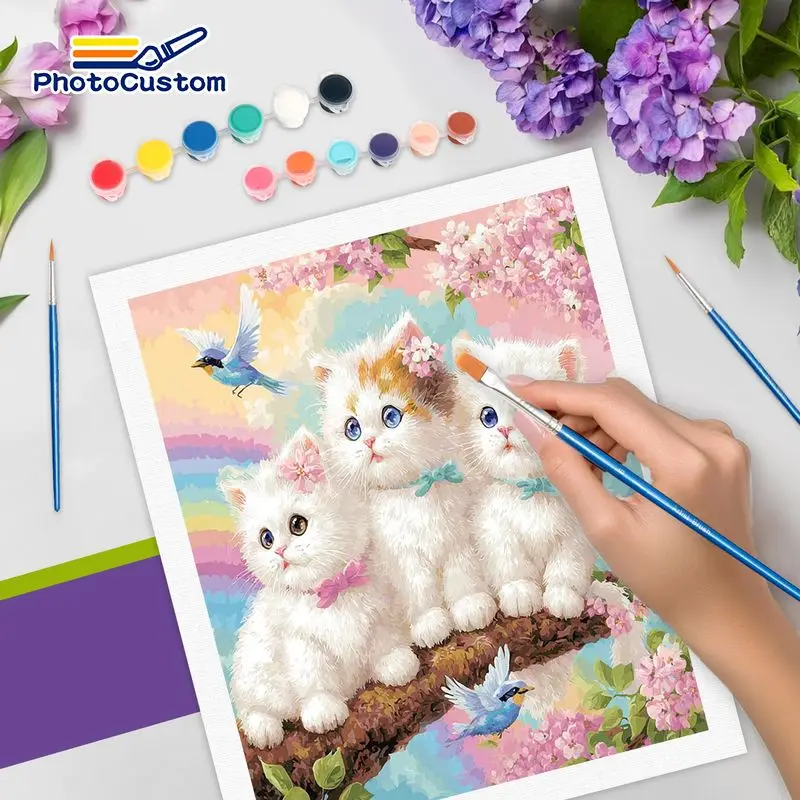 PhotoCustom Three White Cats Painting By Numbers Wall Art Picture Pictures By Numbers Animal Modern Kits Paintings On Number
