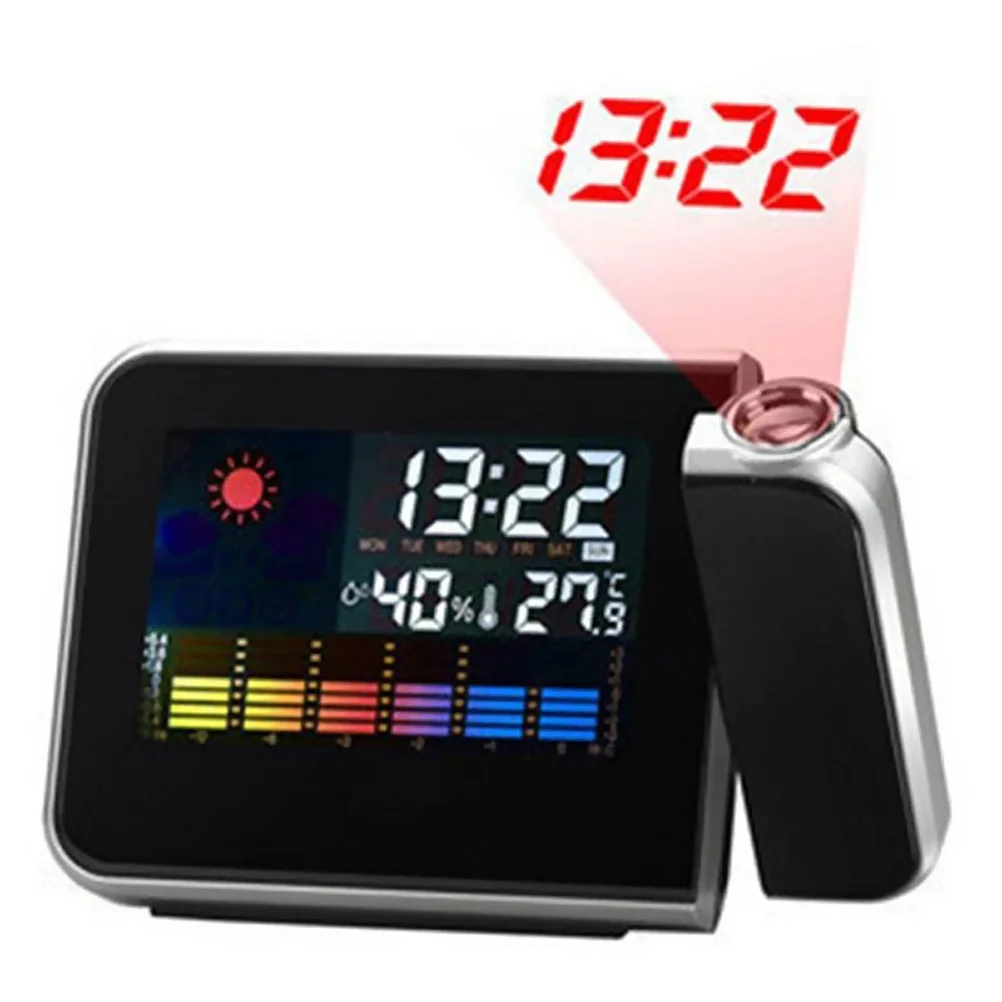 

Lcd Backlit Projection Clock Rotatable 180° Display Time Temperature Humidity Weather Alarm Led Projector Clock Home Decor