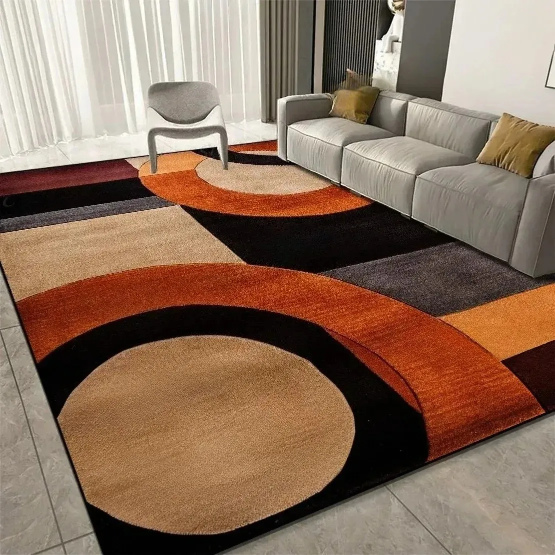 VIKAMA Non-slip Modern Curve Rug Orange Beige Black for Living Room Bedroom Kitchen Decor