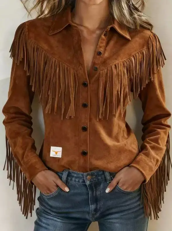 Ladies Fashionable Fringed Suede Jacket Stand Collar Outerwear Top Unique Personality Flip Collar Clothing for Women