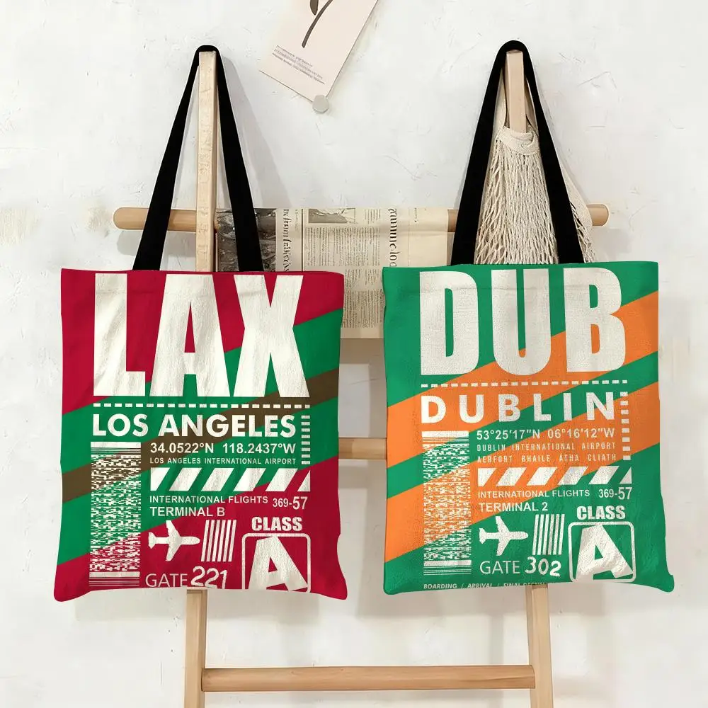 Boarding Pass Storage Bags Canvas Tote Bag Large Capacity Double-Sided Print Reusable Shopping Bag Eco-Friendly Shoulder Bag
