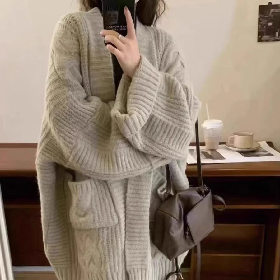 Navy Blue Harajuku Cardigan side profile demonstrating mid-long cropped length and drape characteristics