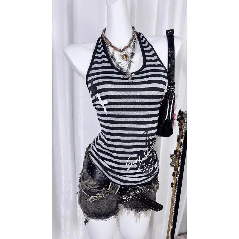 

Летние футболки в стиле субкультуры, женские топы-майки в японском стиле, винтажные полосатые безрукавки, модные топы с оборками, облегающие