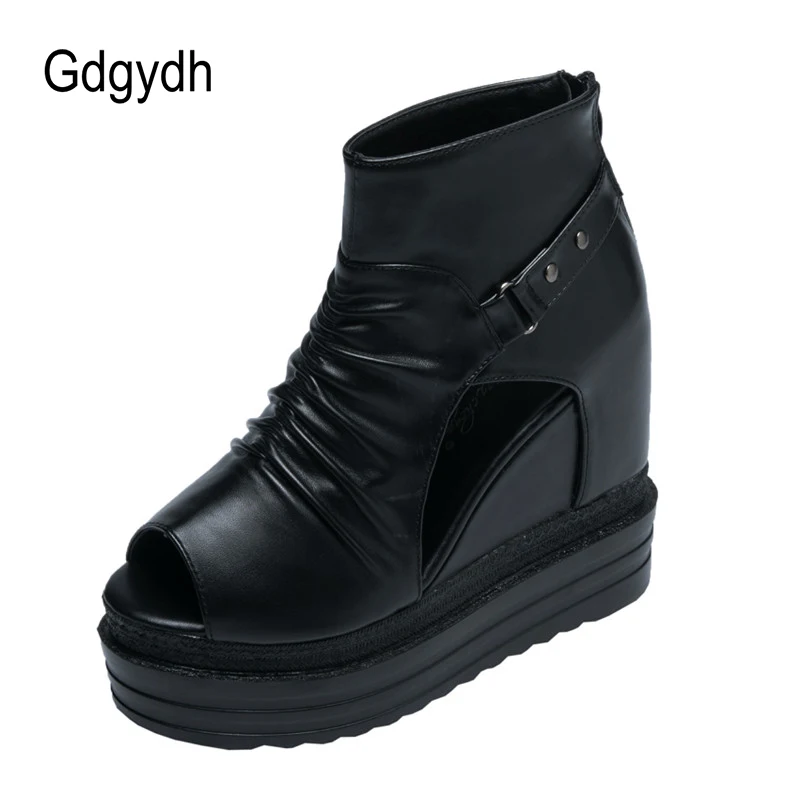 Gdgydh Spring and Summer Open Toe Ankle Boots for Women with Heel Hollow Out Black Wedge Boots Height Increased Korean Japanese