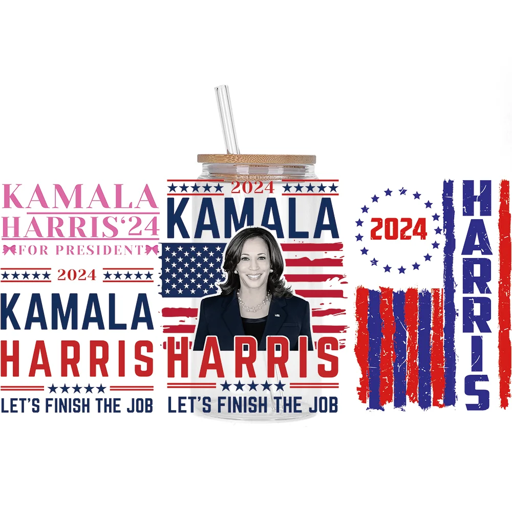 Kamala Harris series Easy peel waterproof DIY Decals 3D transfers uvdtf crystal stickers 16oz uv dtf cup wraps for Glasses